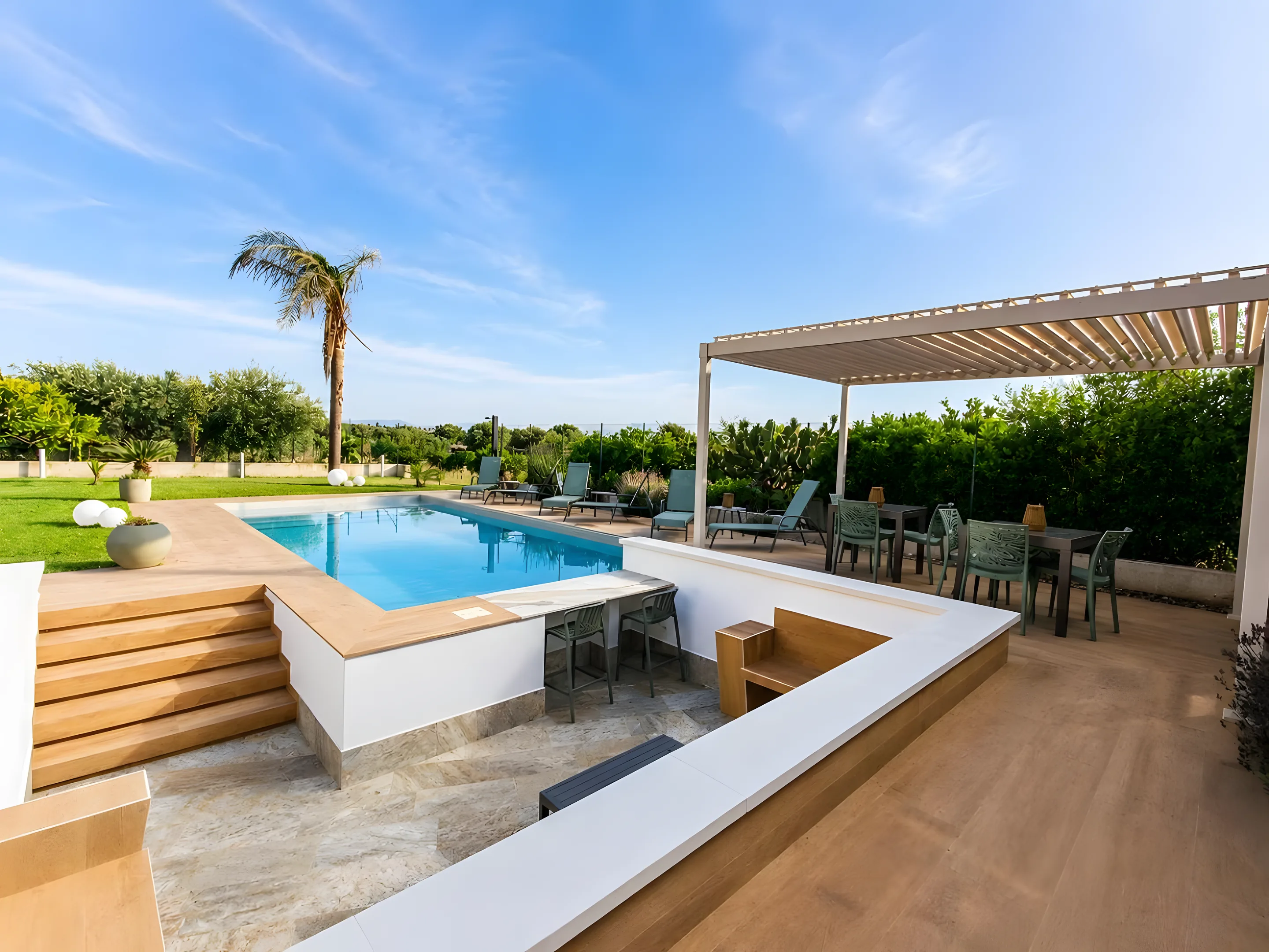 Piscina con pergola bioclimatica e zona pranzo all'aperto