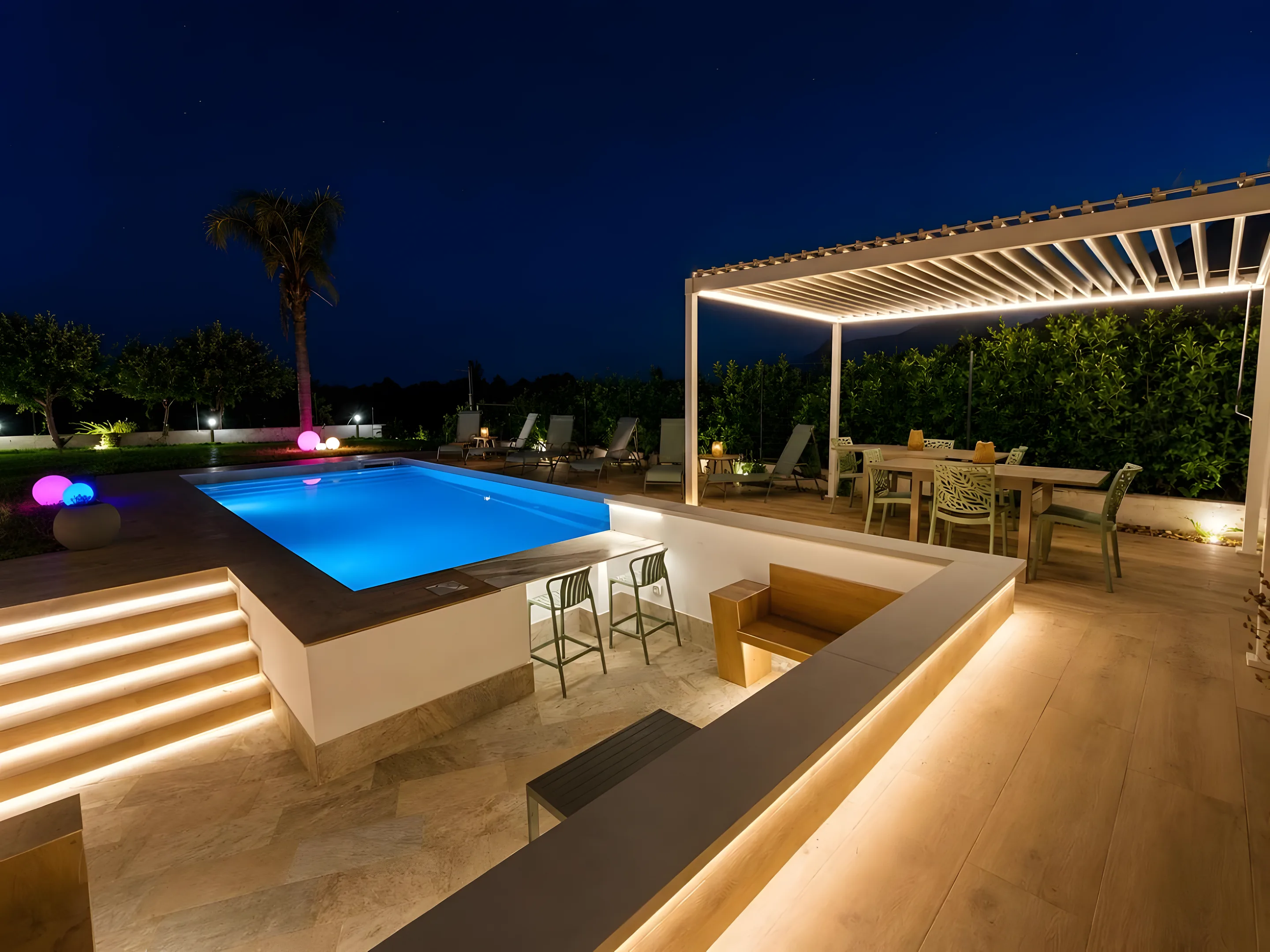 Piscina illuminata di sera con pergola e area pranzo
